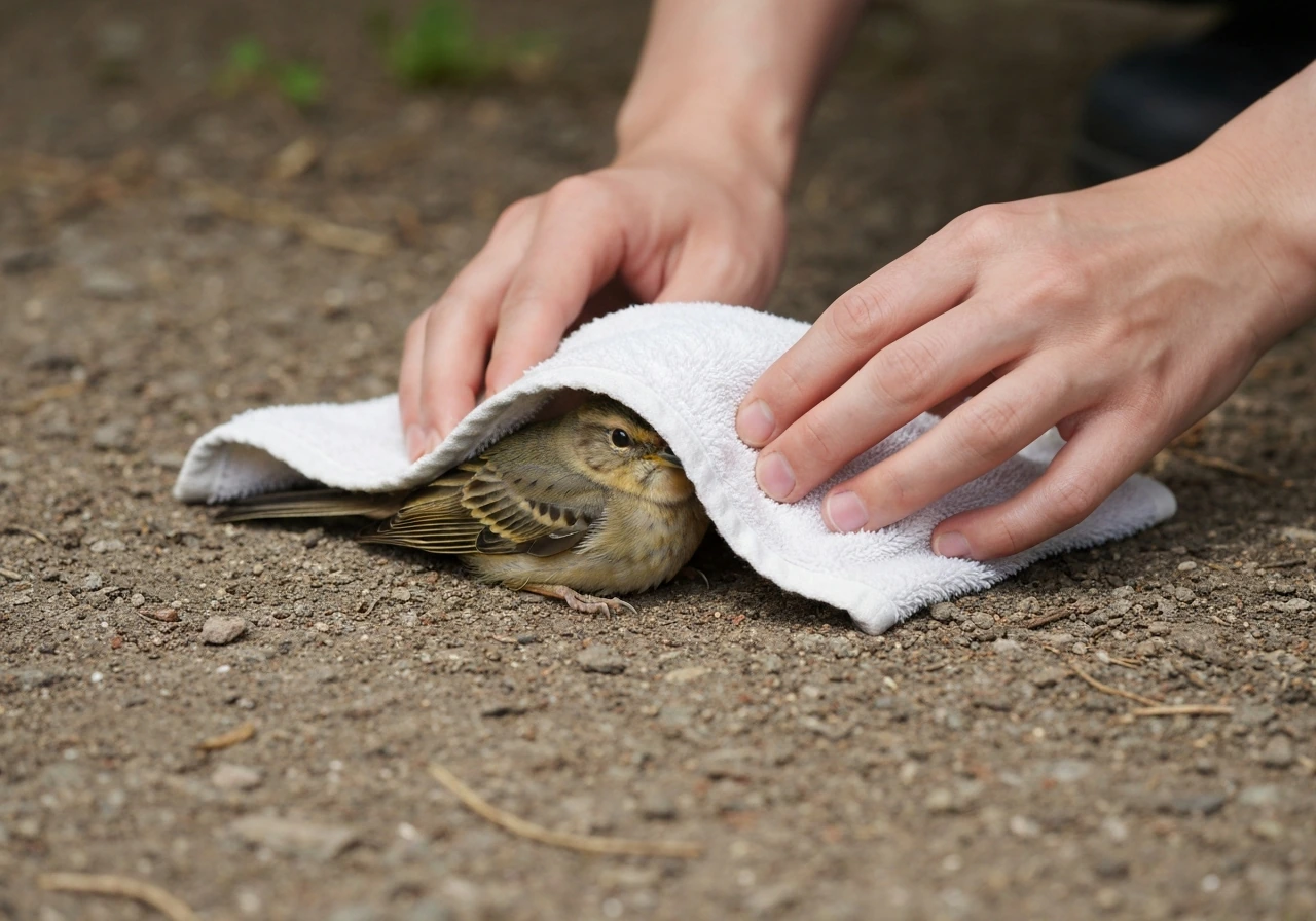 Close-up of a small bird gently covered with a light towel before safe handling
