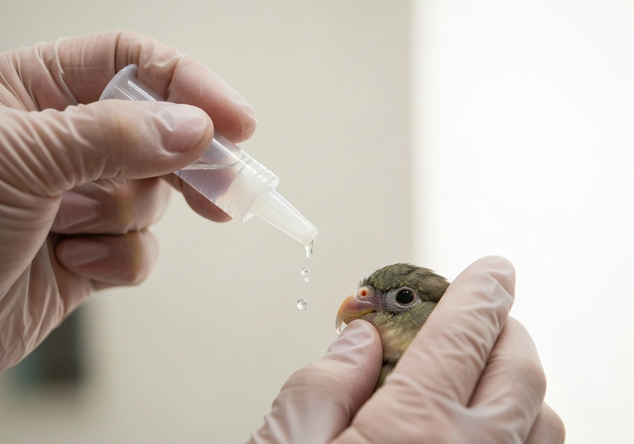 Gloved caregiver gently flushes a small bird’s eye with sterile saline from a syringe