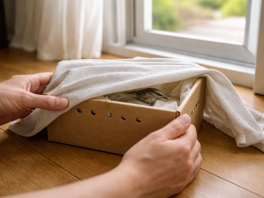 A small indoor bird calmly secured in a ventilated cardboard box by an open window