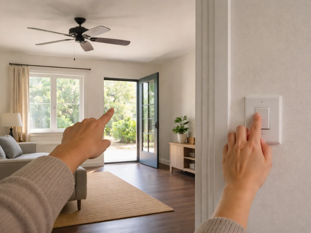 Person’s hands near an open door with lights on and ceiling fan visibly off during a bird safety check