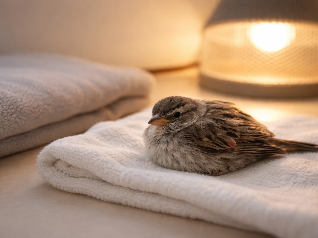 Small bird resting on a soft towel with a gentle warm heat source nearby