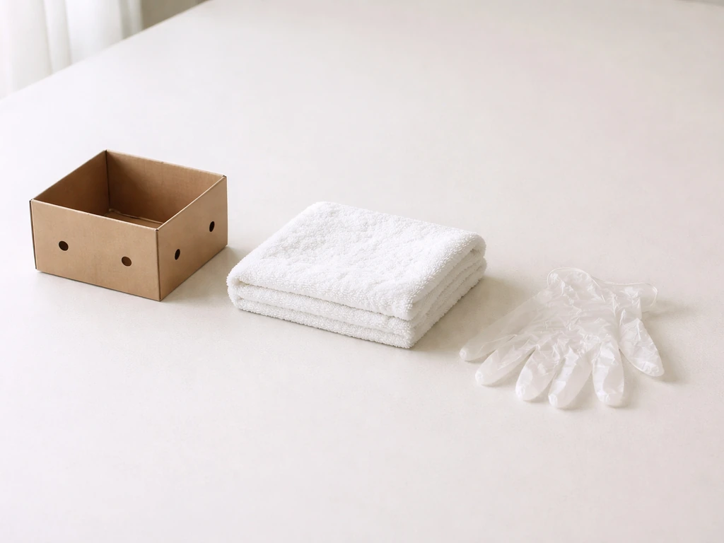 Cardboard box with air holes, folded clean towel, and thin gloves laid out on a clean surface.