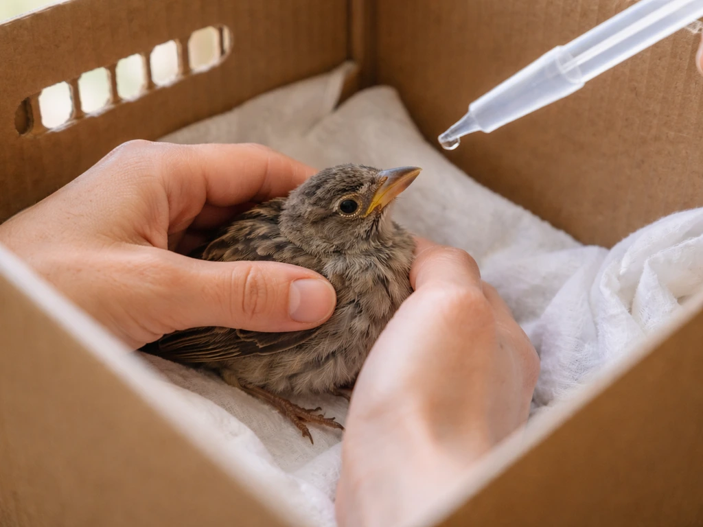 Caregiver’s hands gently stabilize an injured wild bird in a ventilated box while a dropper offers safe hydration.
