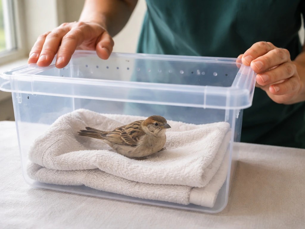 Handler’s hands gently checking a bird’s breathing and tail movement in a ventilated box on a towel.