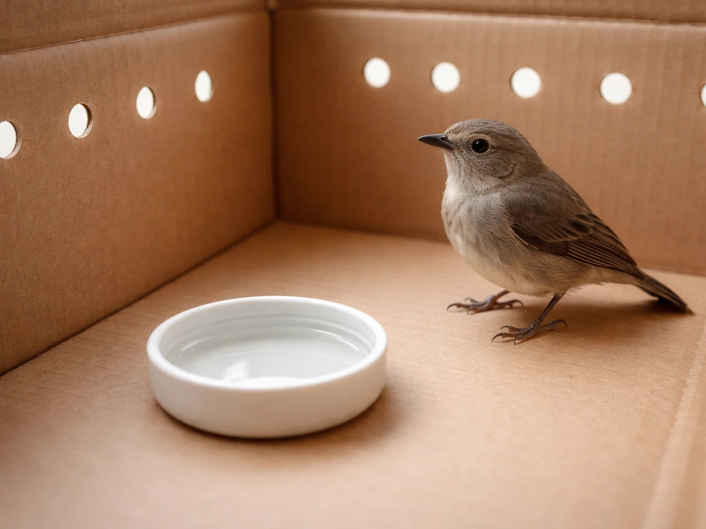 Small alert bird in a quiet cardboard box with air holes, offered a small dish of water