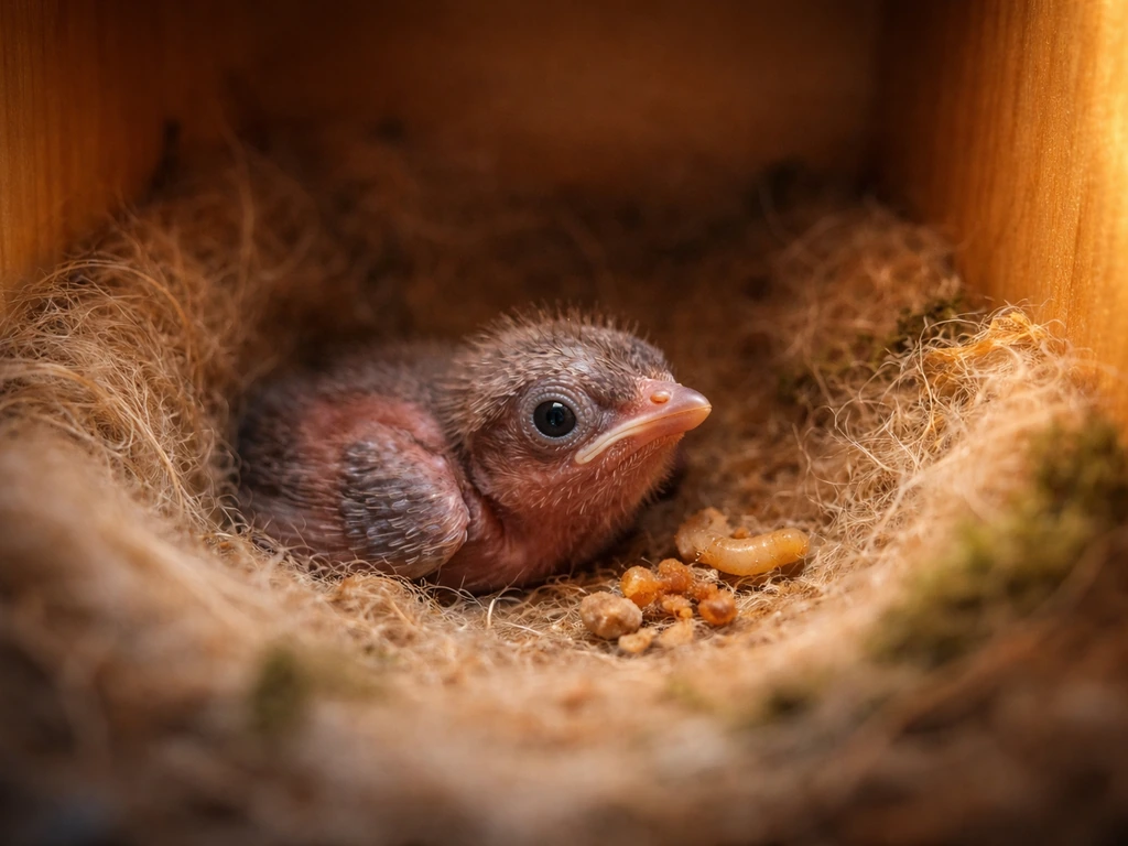 Warm nestling in a small lined nest box with soft bedding and nearby insects for feeding