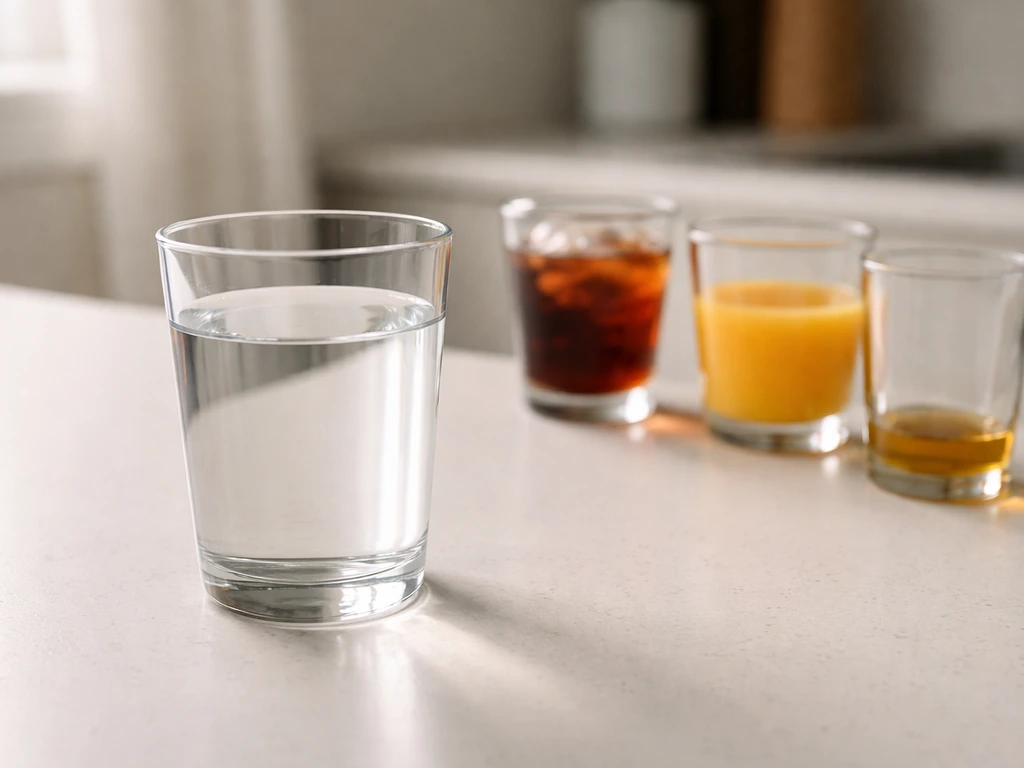 Clear glass of room-temperature plain water beside darker sugary and juice/honey drinks marked as avoided.