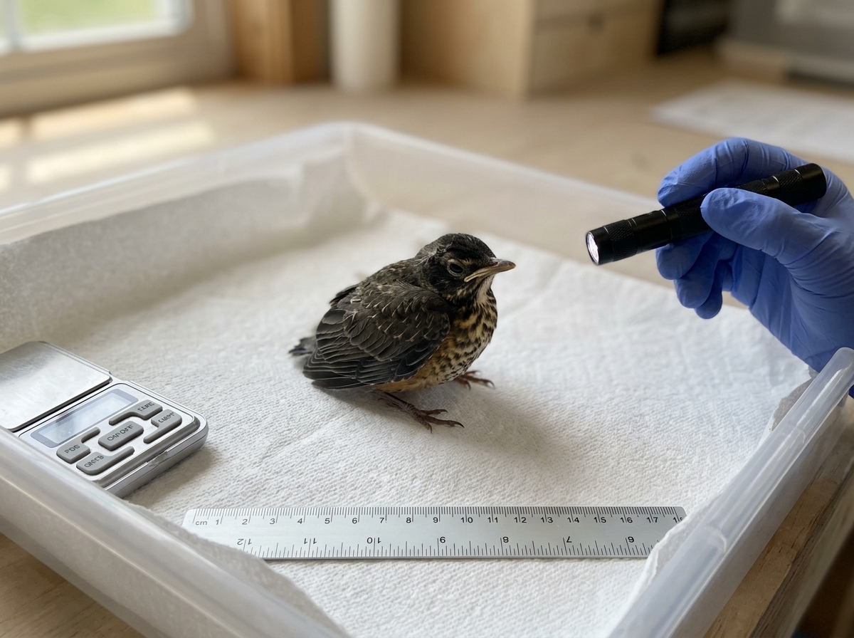 Newborn bird in hand under gentle light showing eyes and feather stage
