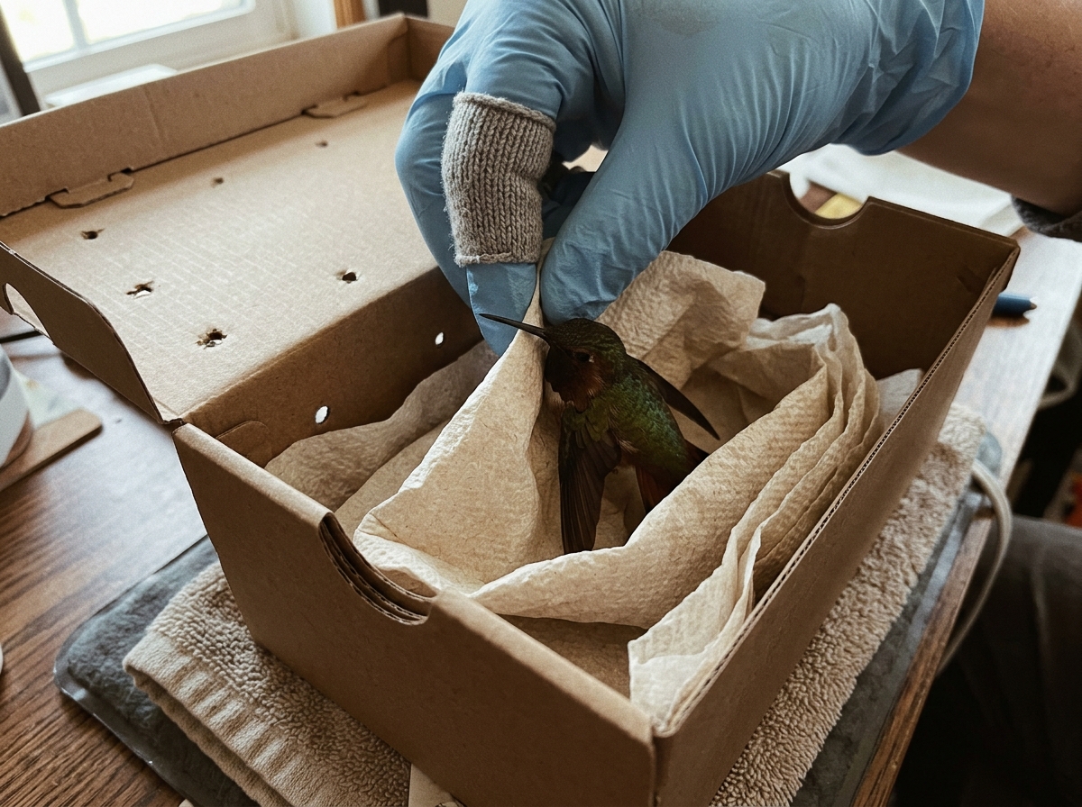 Gloved hands placing a newborn bird into a small warm box