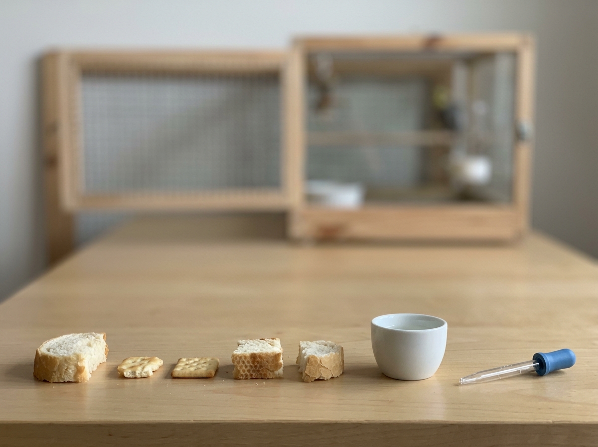 Close-up list-style concept avoiding feeding: bread, milk, and water droplets clearly shown as “do not” items