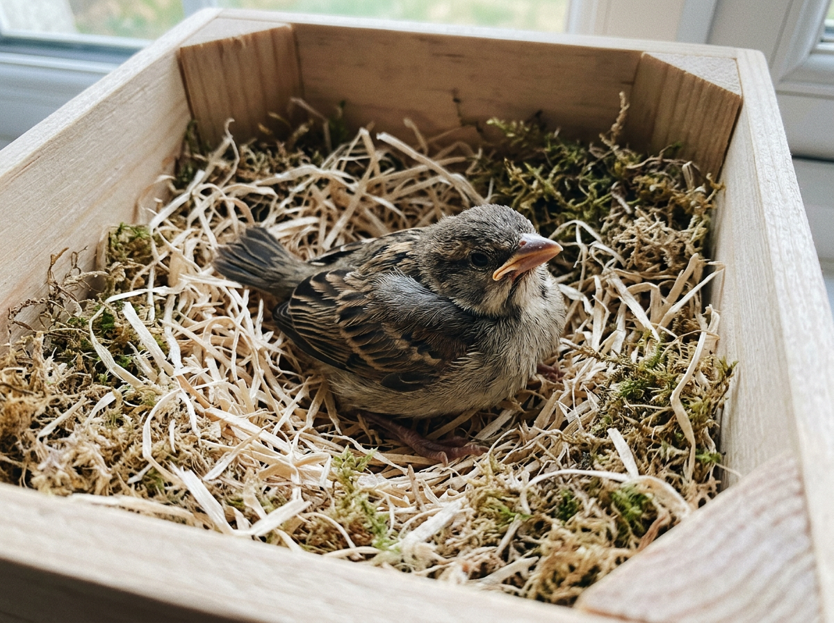 Bird in temporary safe space with visible breathing and head/feeding reflex