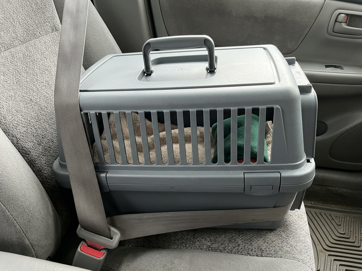 Lined carrier with the bird contained and kept warm for transport