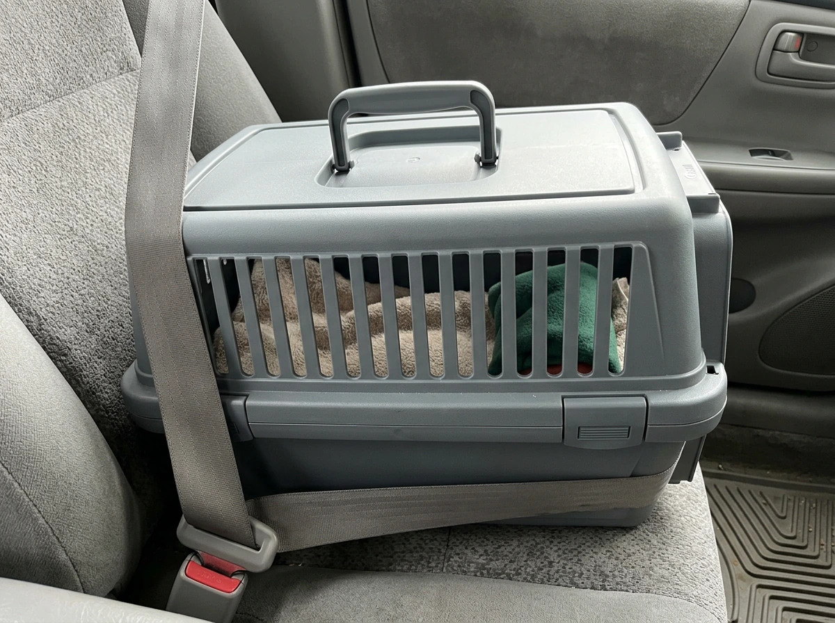 Lined carrier with the bird contained and kept warm for transport