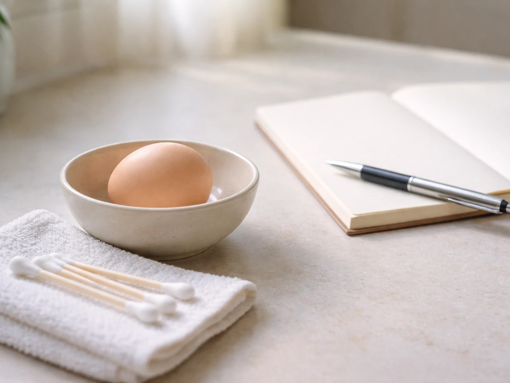 A single uncracked bird egg in a bowl with inspection tools on a kitchen counter.