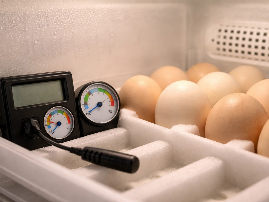 Egg tray inside an incubator with temperature/humidity gauges and probes controlling conditions.