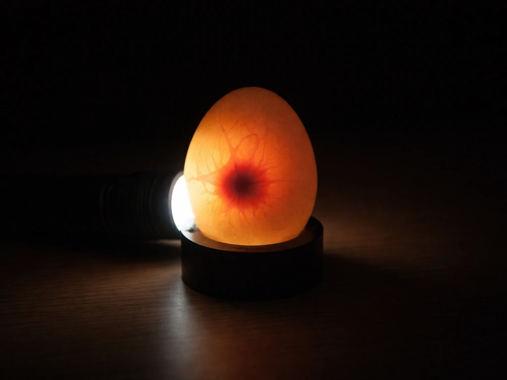Bright flashlight shining through an egg on a simple candling stand in a dark room, embryo area as a dark spot.