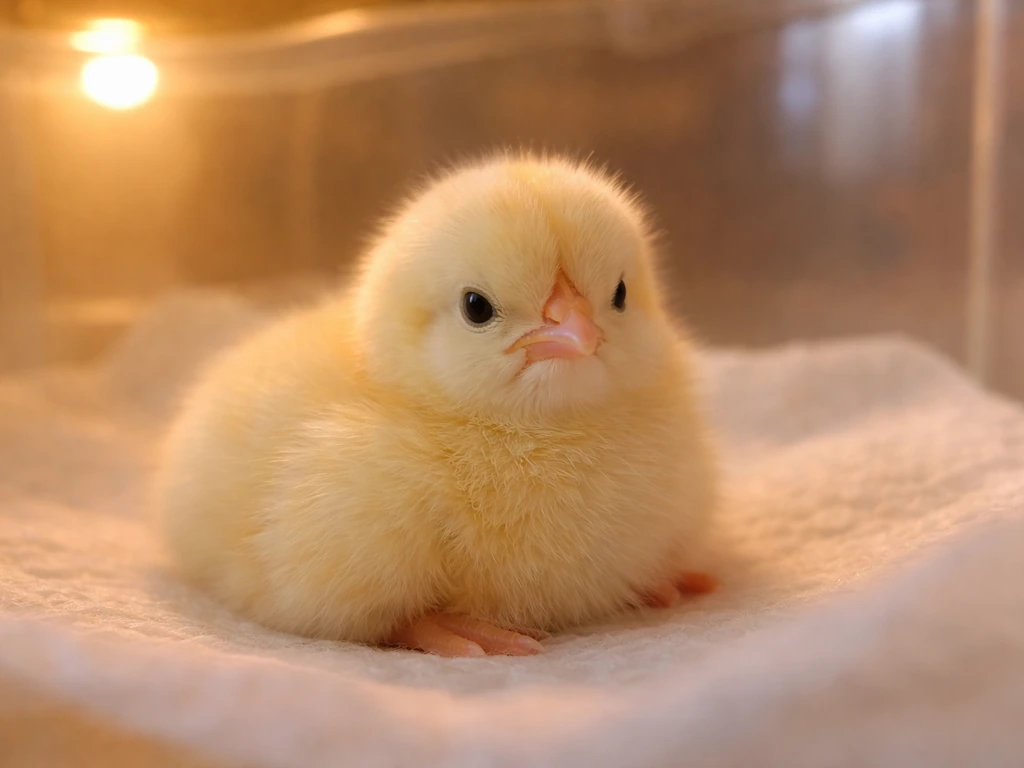 Newly hatched fluffy chick resting inside a warm incubator, ready to be moved to a brooder