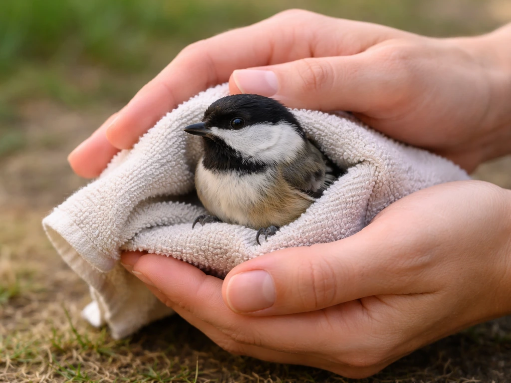 Hands gently cradle a small wild bird in a light towel, without gripping legs or wings