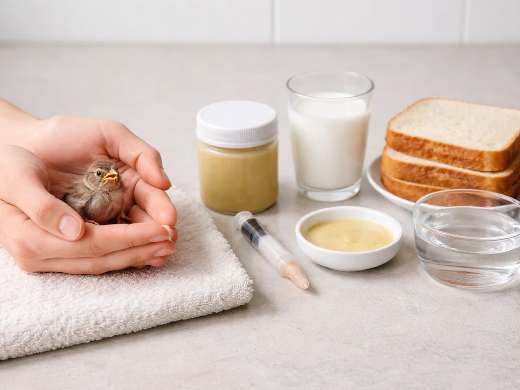 Tiny baby bird on a towel with hands and separate safe feeding tools vs bread and milk nearby.