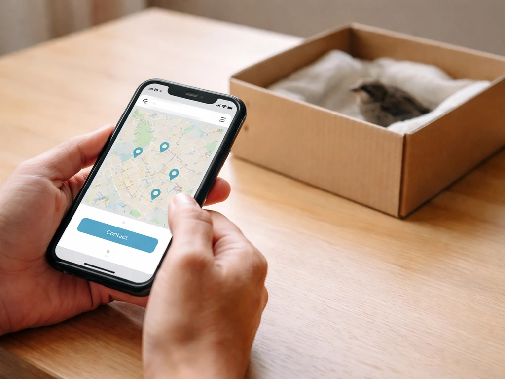 Hands holding a smartphone showing a nearby wildlife rehabilitator contact, with a small bird nearby