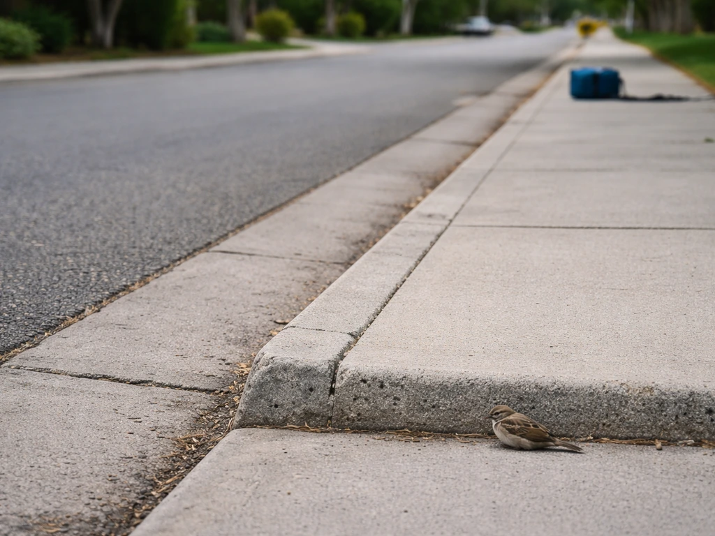 Street and sidewalk curb edge with an uncrowded safe area scan before touching a small wild bird
