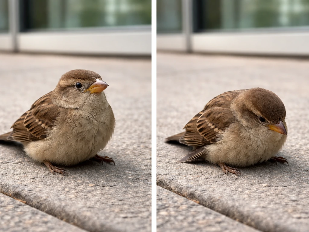 Two views of an amber-and-brown bird on pavement—one alert, one unresponsive—after a window collision