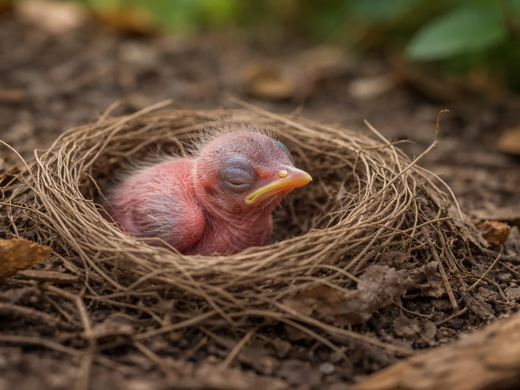 Very young nestling with sparse feathers and pink skin resting in a small nest on the ground.