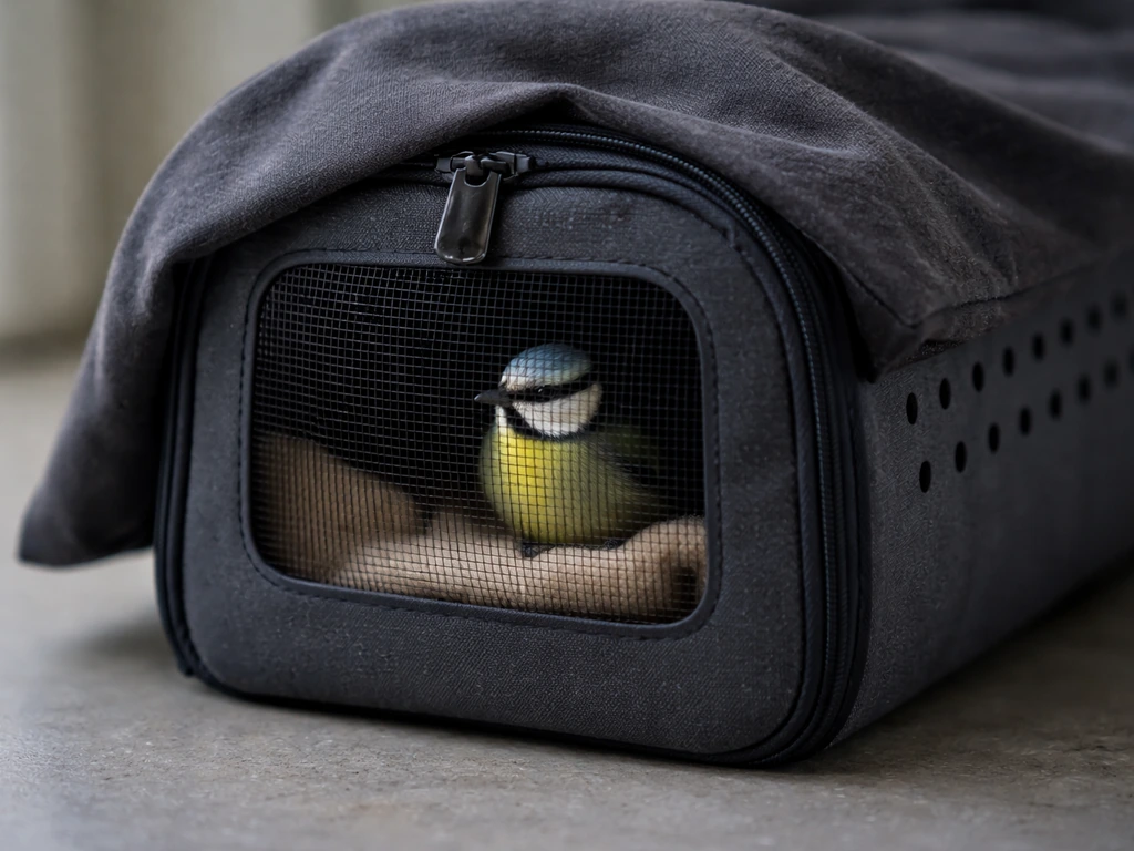 Small wild bird secured in a dark, ventilated carrier box for safe short-term transport.