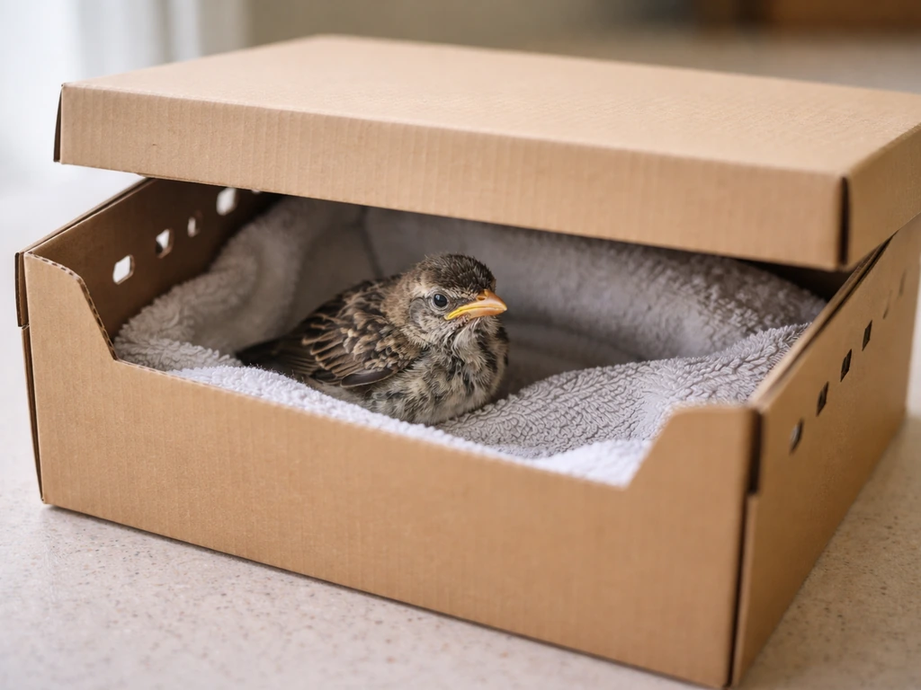 A lined, ventilated shoebox with lid housing a safely contained fledgling bird indoors.