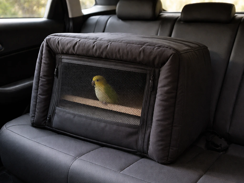 A covered, ventilated pet carrier with a small bird inside placed securely in a quiet car backseat.