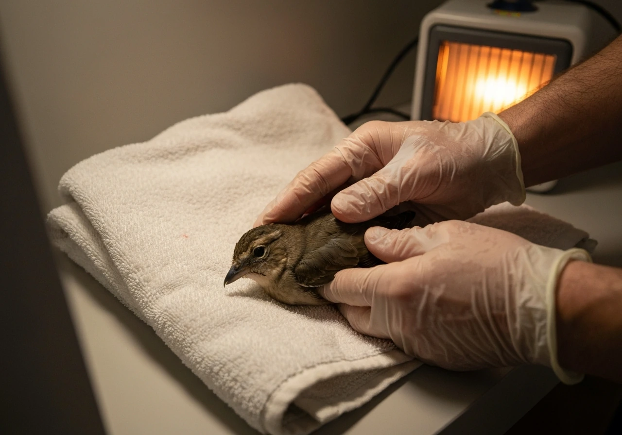 Gloved hands gently assessing a small bird in a warm, quiet first-aid recovery setup.