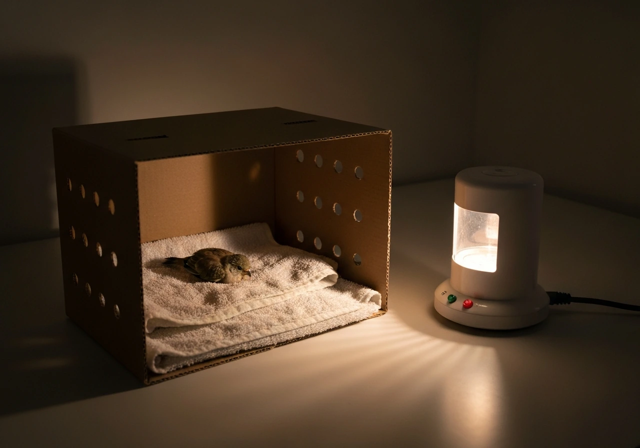 A small bird resting in a towel-lined ventilated cardboard box with gentle heat nearby.