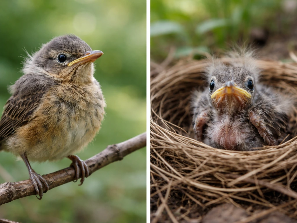 A more-feathered fledgling on a branch beside a less-feathered nestling in an open nest.
