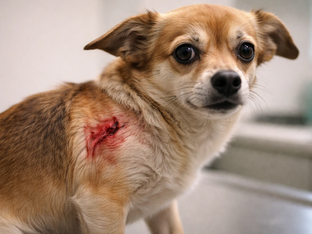 Close-up of a distressed dog with a visible open wound and blood on fur, vet-style emergency setting