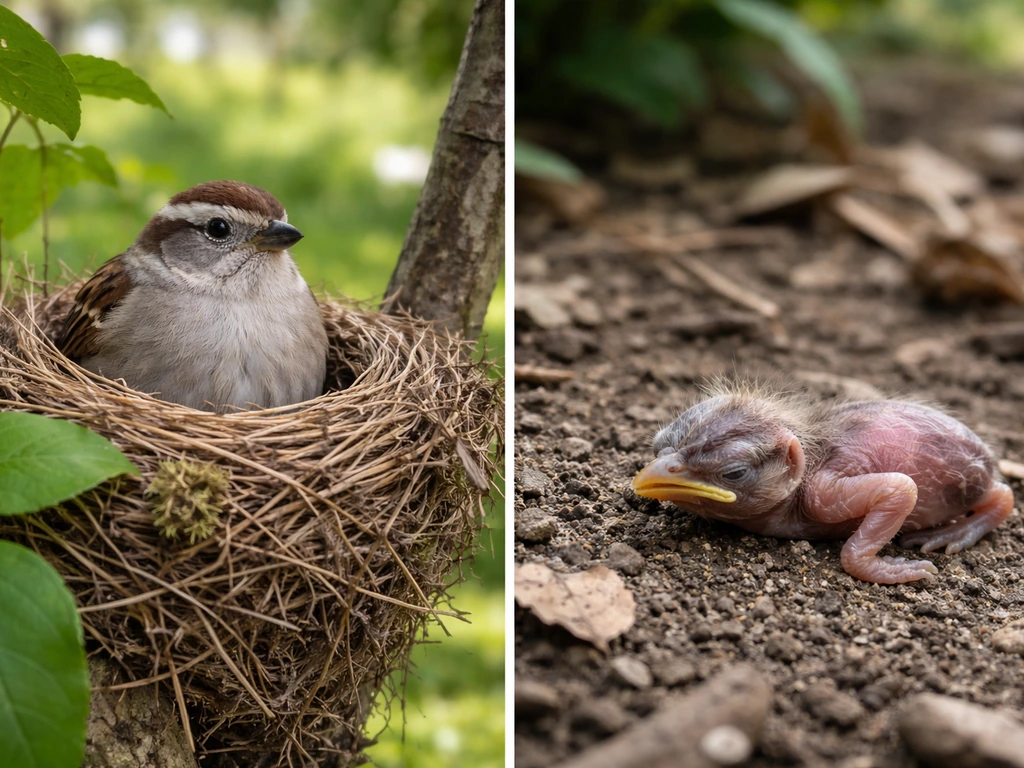 Split image: adult bird brooding on a nest vs a fragile, eyes-closed nestling on the ground