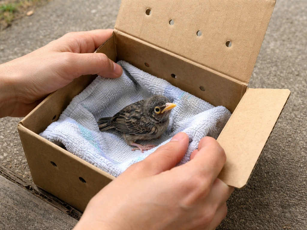 Hands place a grounded nestling into a soft towel-lined rescue box, calm triage moment.