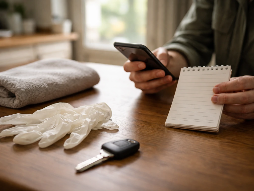 Hands holding a phone and blank checklist on a table with gloves and a towel for wildlife rescue readiness.