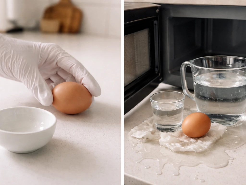 Split scene showing safe egg handling with clean gloves versus unsafe microwave and water submersion setup, no text.