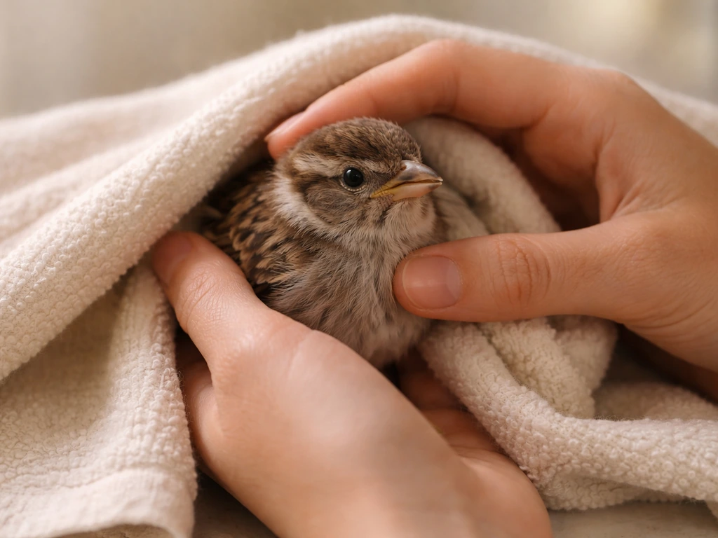 Caregiver’s hands gently support a small bird on a warm towel while checking for dehydration signs.