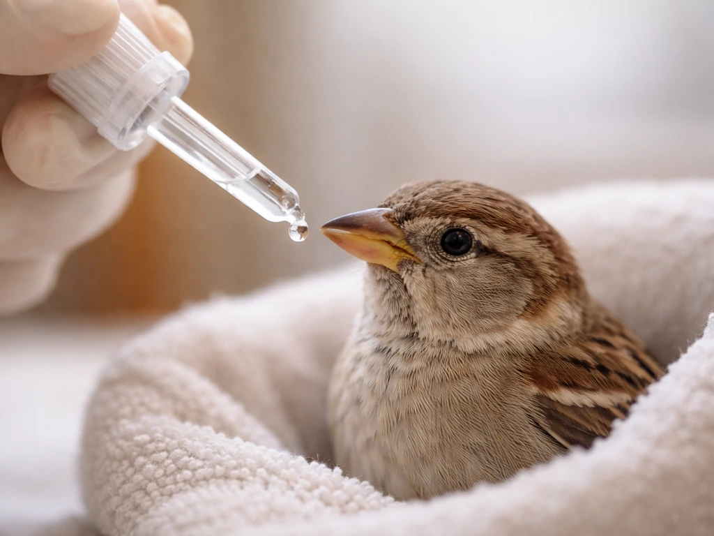 Gloved hand holds a dropper beside an alert bird’s beak for a single controlled drop of hydration.