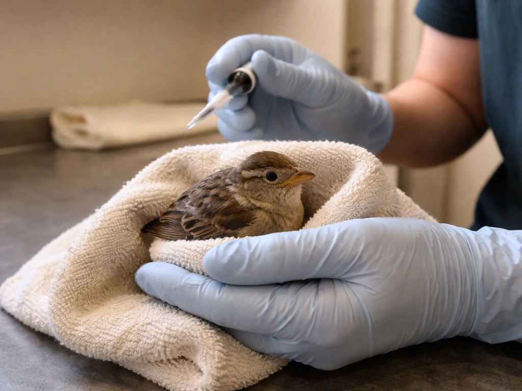 Caregiver in gloves holding a small bird safely while preparing to call an emergency wildlife vet