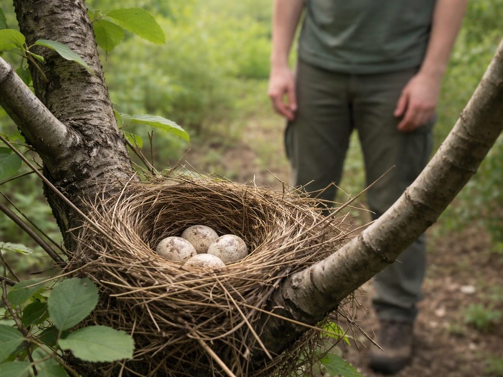 A small bird nest with eggs in a quiet yard while an observer steps back at a safe distance.