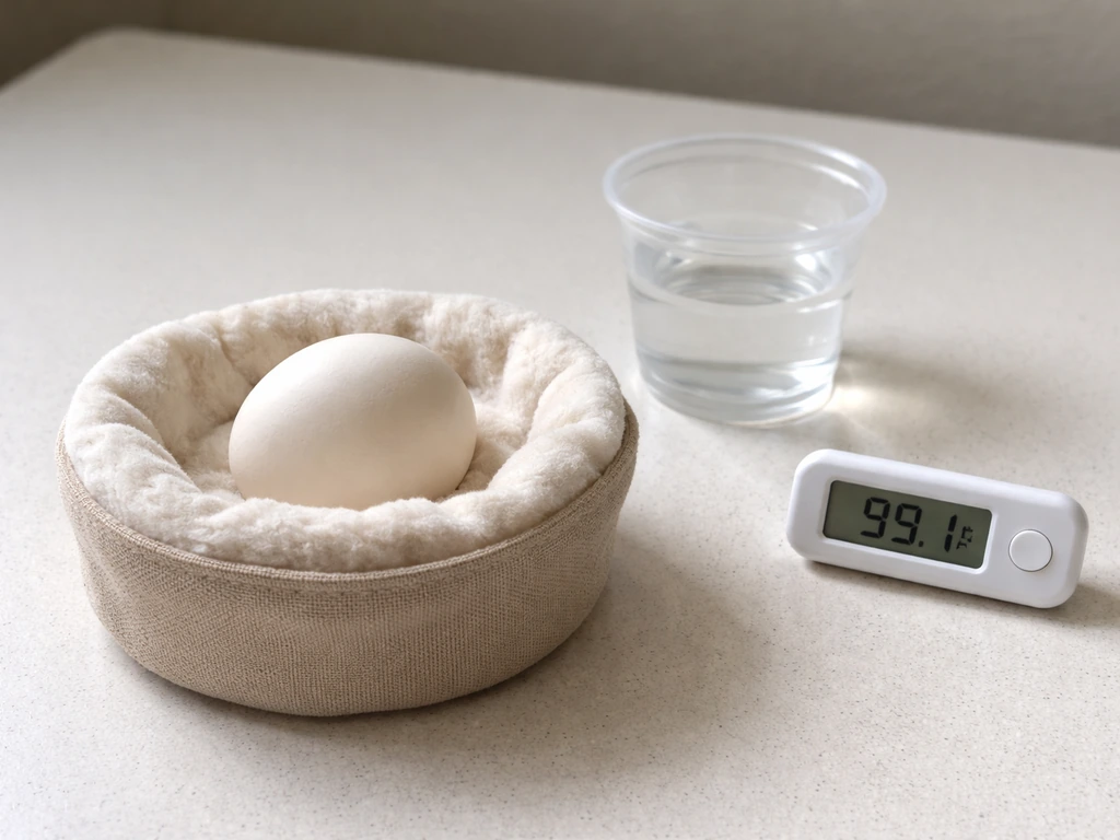 A padded container with a single intact egg, with a thermometer and small water cup nearby for stability.