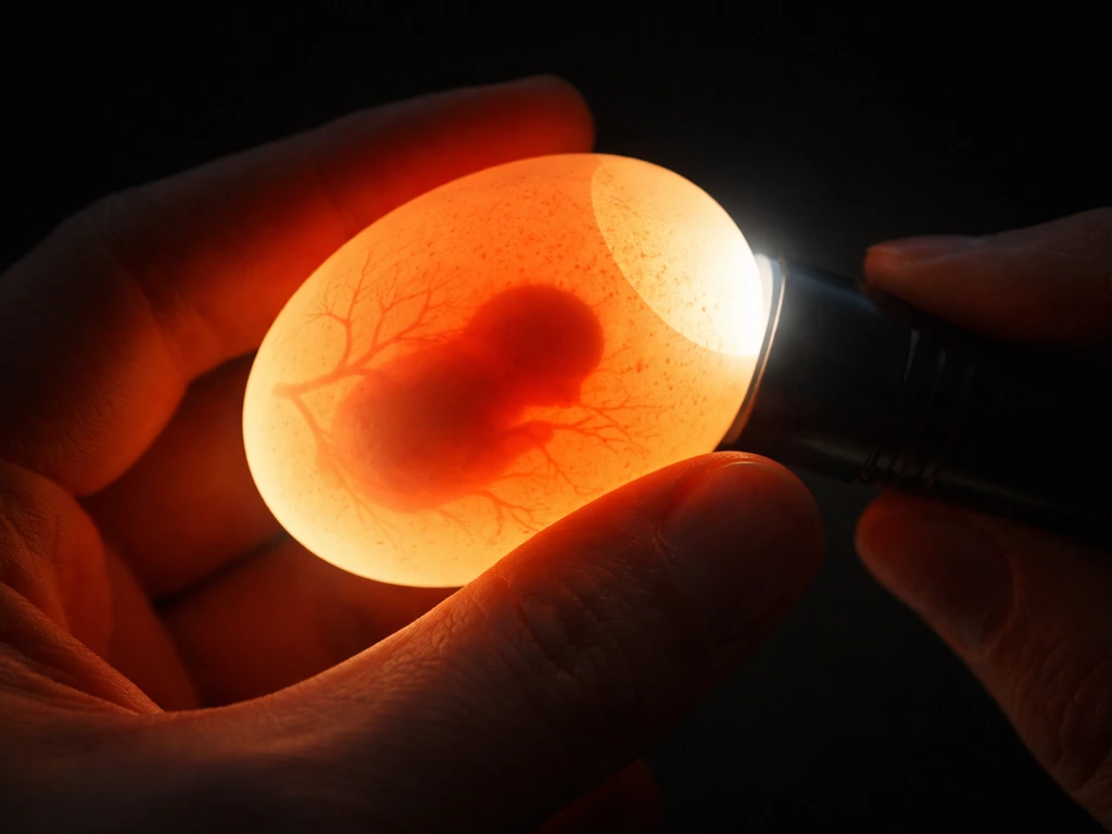 Hand candles a chicken egg in darkness with flashlight, showing faint veins and air cell through the shell.