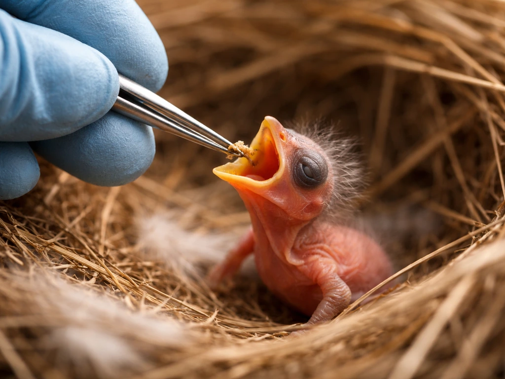 Close-up of a caregiver gently feeding a tiny songbird hatchling with a small tool, no water present