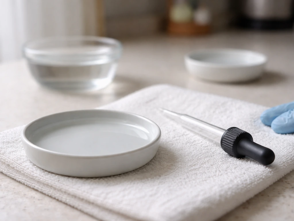 Clean caregiving setup with shallow water dish and dropper for safe bird hydration by condition