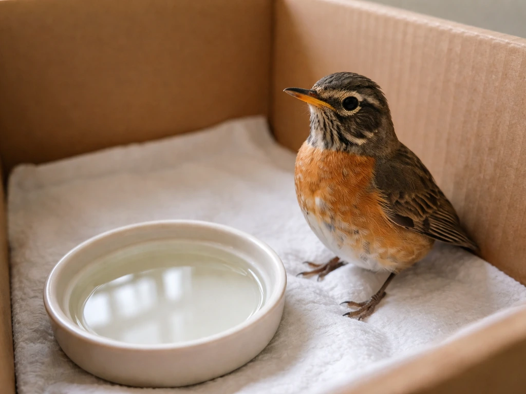 An alert upright adult bird in a simple box beside a shallow dish of lukewarm water