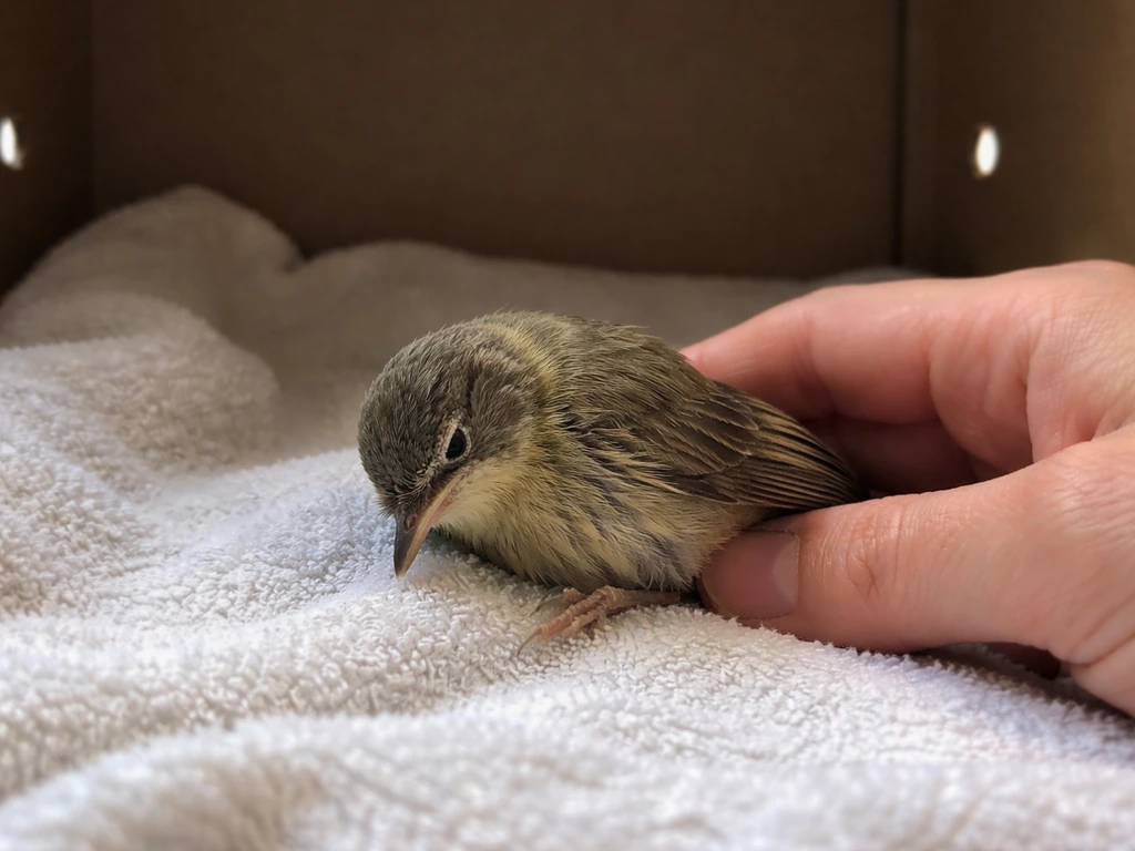 A weak small bird resting in a towel with its head drooping, stabilized by a hand.