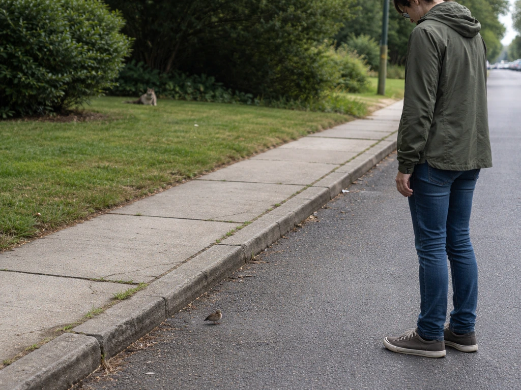 Person from a safe distance visually assessing danger near a road and a yard while a small bird stays on the ground.