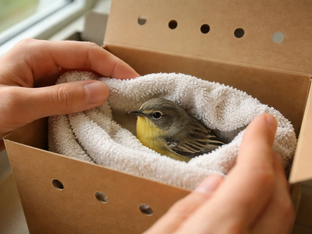 Hands gently scooping a small bird into a towel-lined, ventilated rescue box near a window.